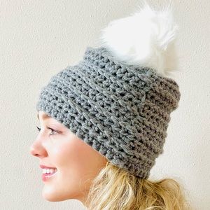 Hand-Crocheted Dark Gray Winter Beanie Hat with White Faux Fur Pom